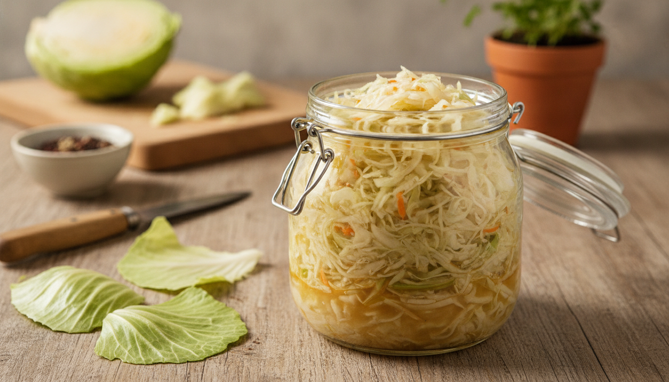 Shredded salted cabbage packed under brine in a glass jar