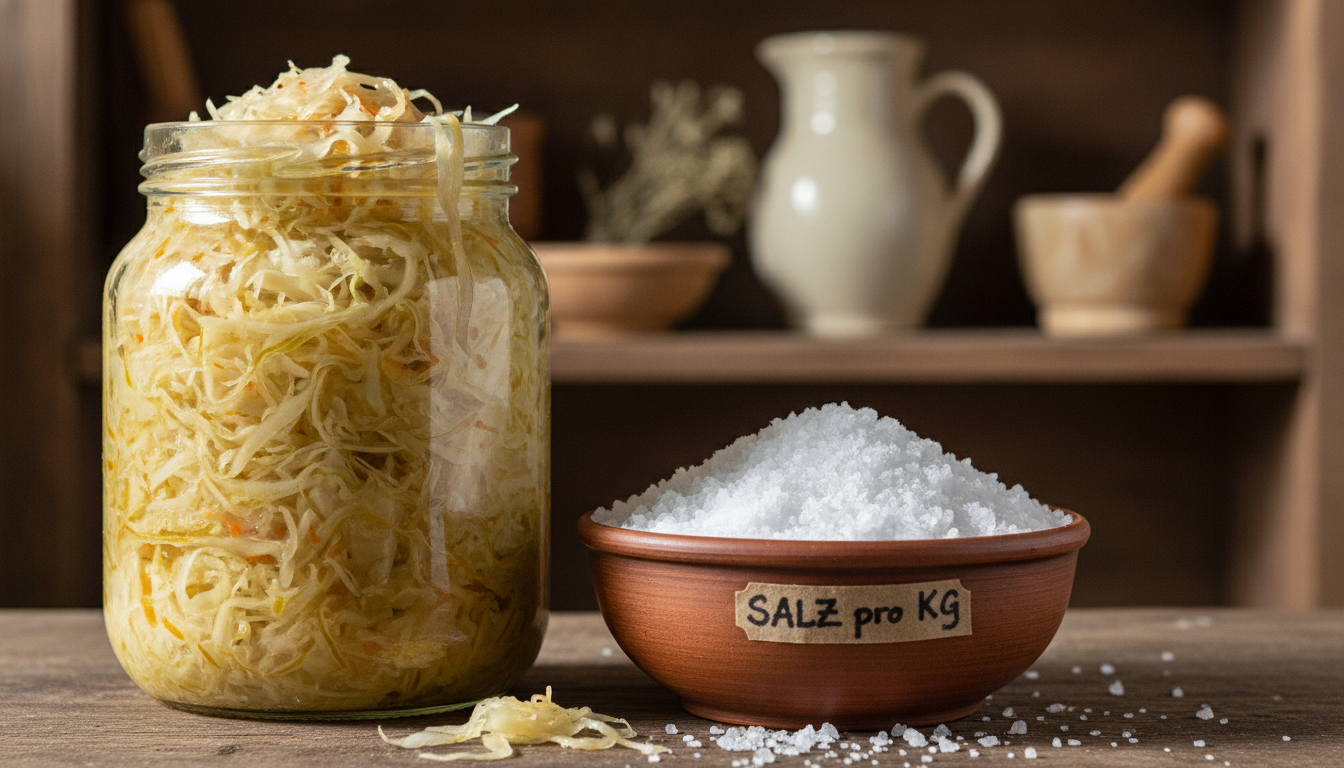Measured pickling salt beside cabbage for Mason jar sauerkraut