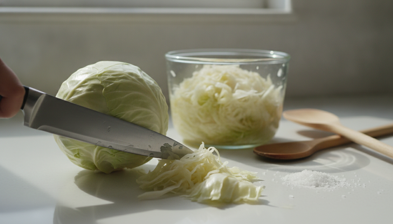 Fresh white cabbage being thinly shredded for Mason jar sauerkraut