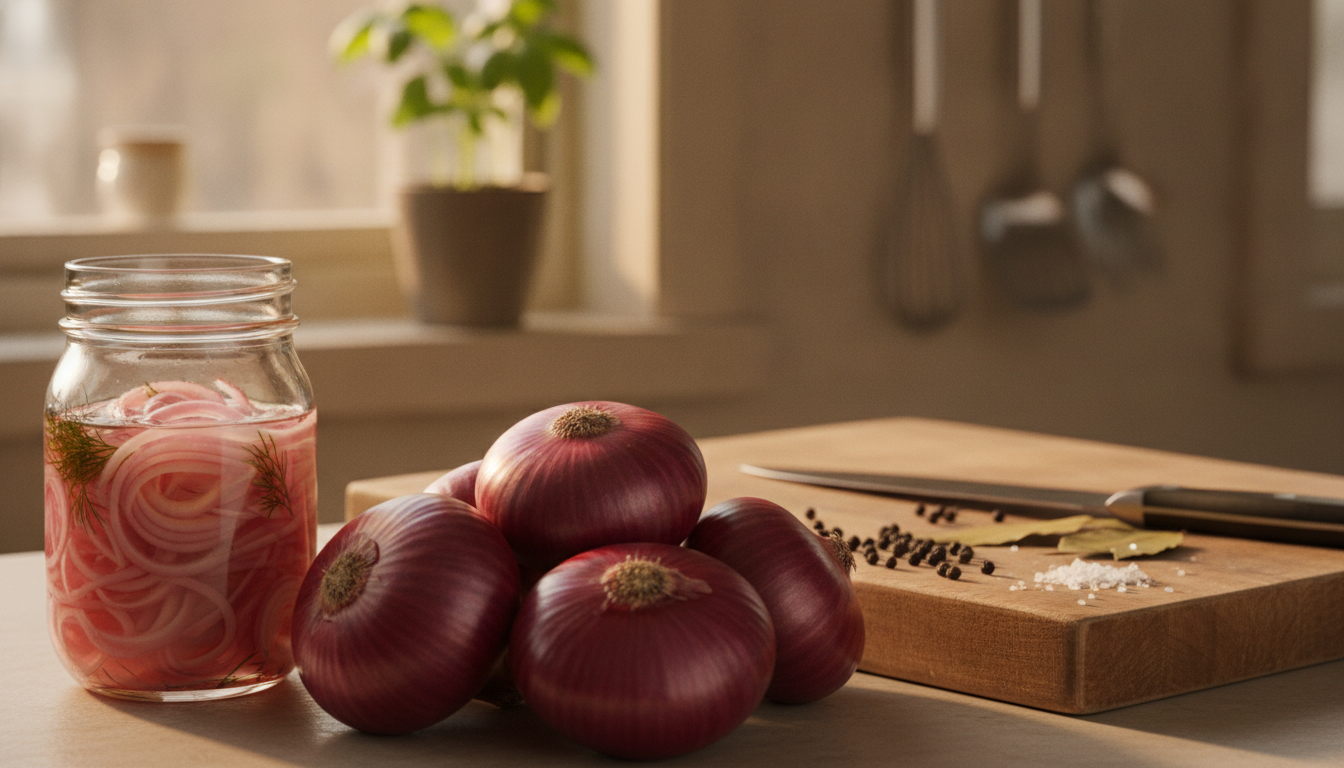 Red onions, vinegar and a jar ready for a refrigerator pickle batch