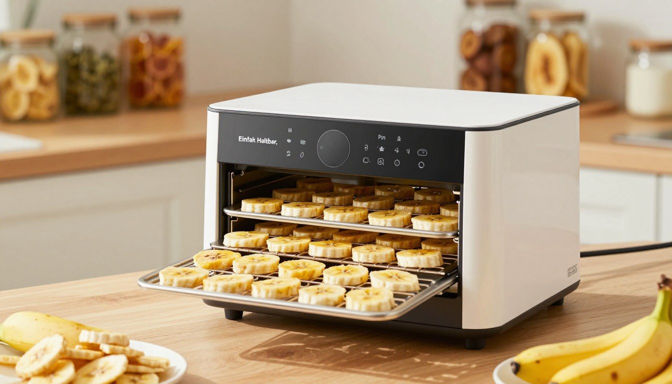 Prepared banana slices arranged on food dehydrator trays