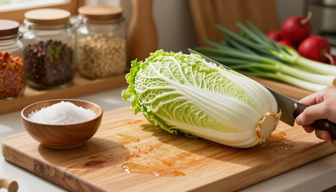 Napa cabbage being prepared and salted for kimchi