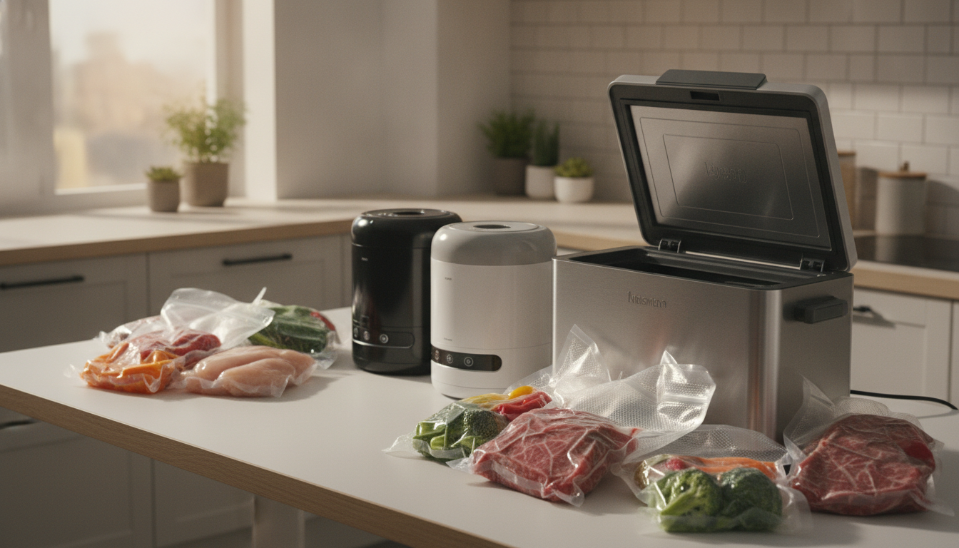 Vacuum sealer comparison with sealed food bags on a kitchen counter