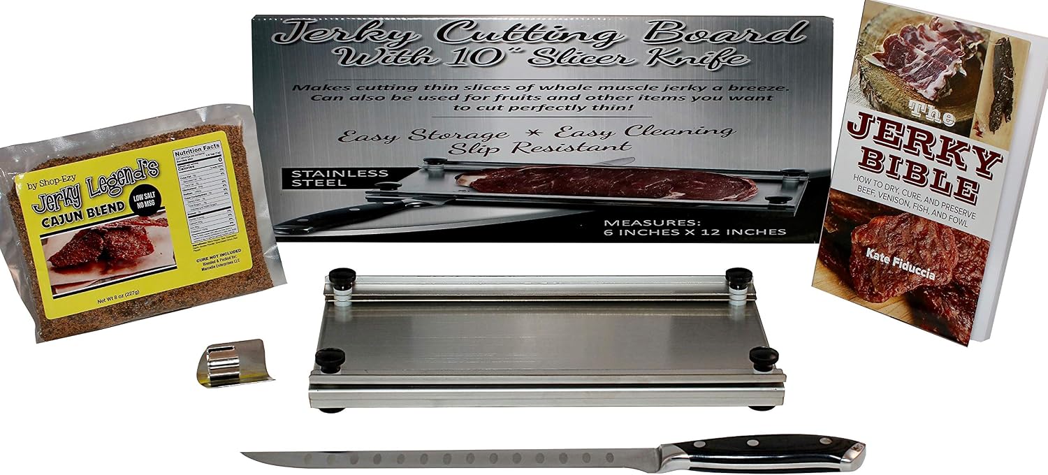 Jerky maker cutting board with slicing knife and seasoning