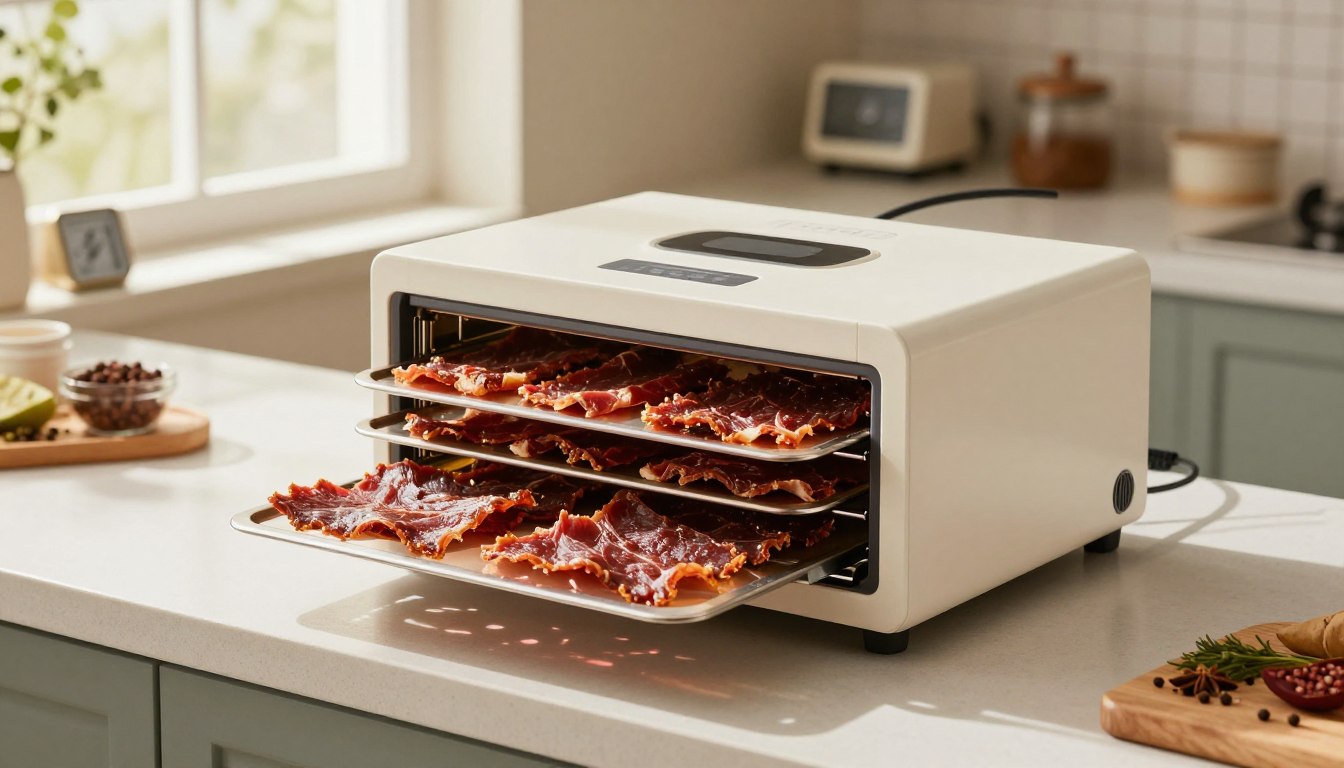 Cabinet-style dehydrator with multiple trays of beef jerky in a home kitchen