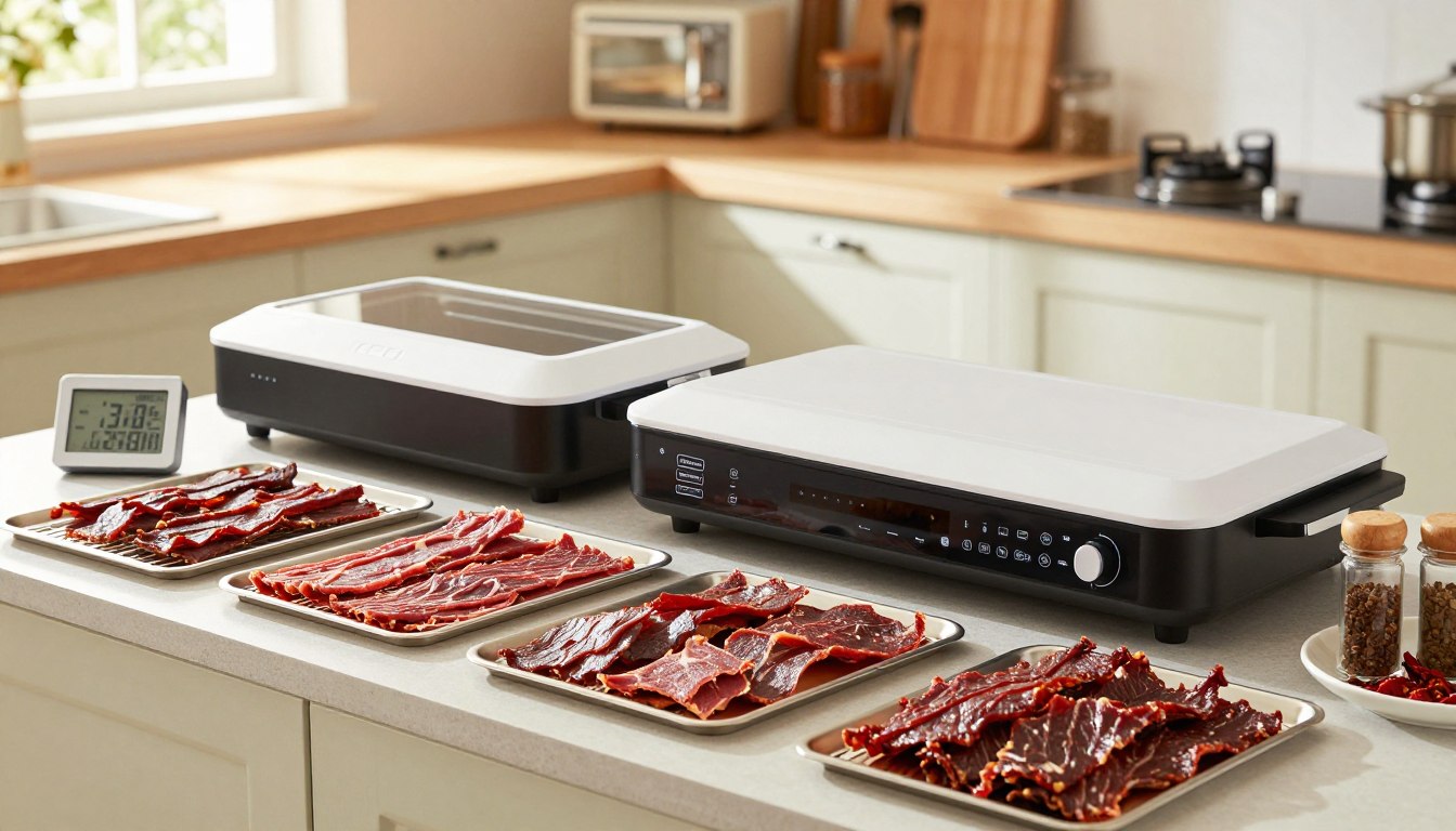 Several food dehydrator formats with trays of finished beef jerky on a kitchen counter