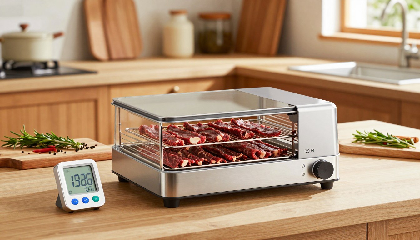 Beef strips on dehydrator trays beside a food thermometer in a bright kitchen