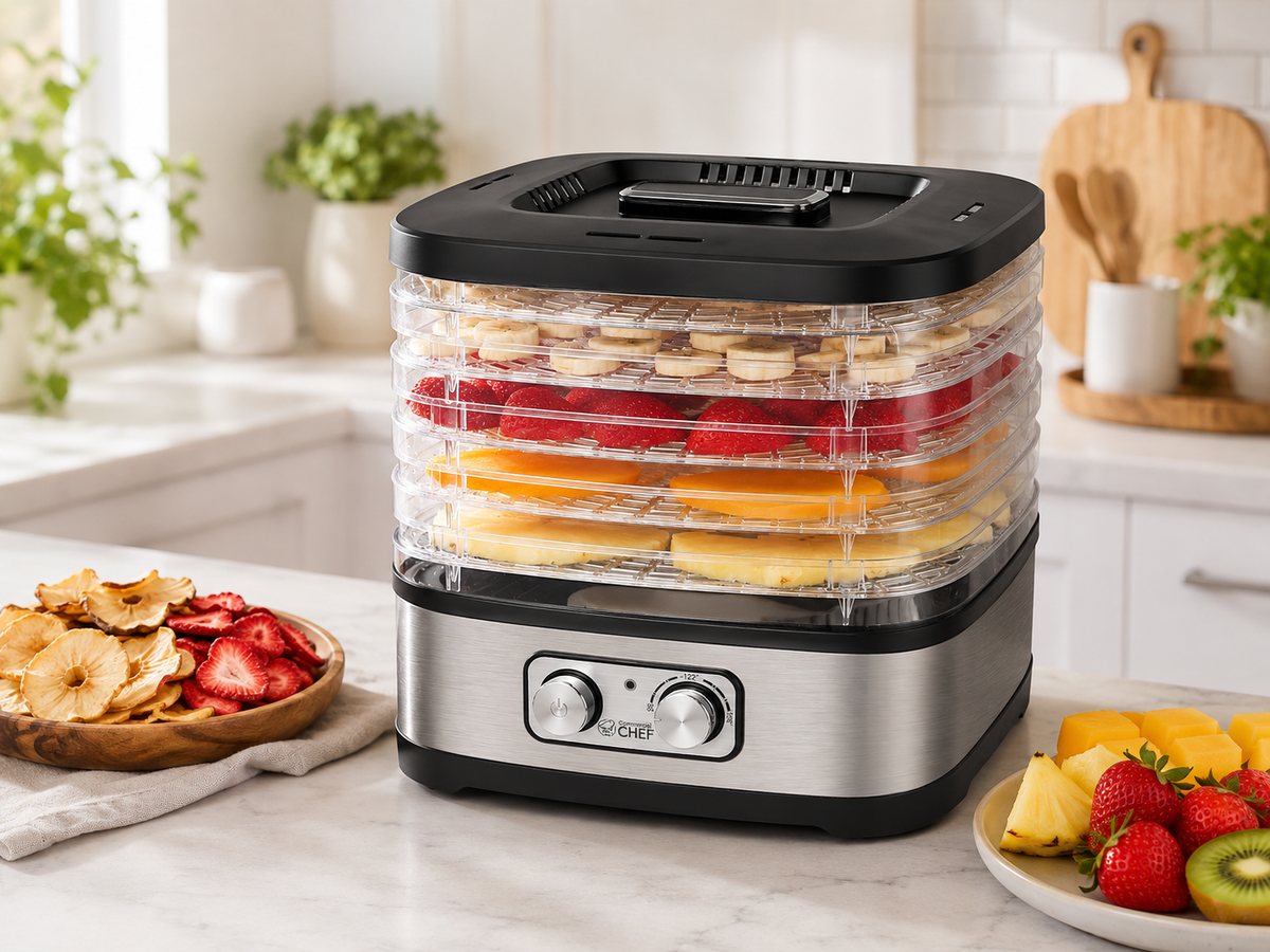 Commercial Chef CHD200S compact food dehydrator with fruit trays and dried fruit bowls on the counter