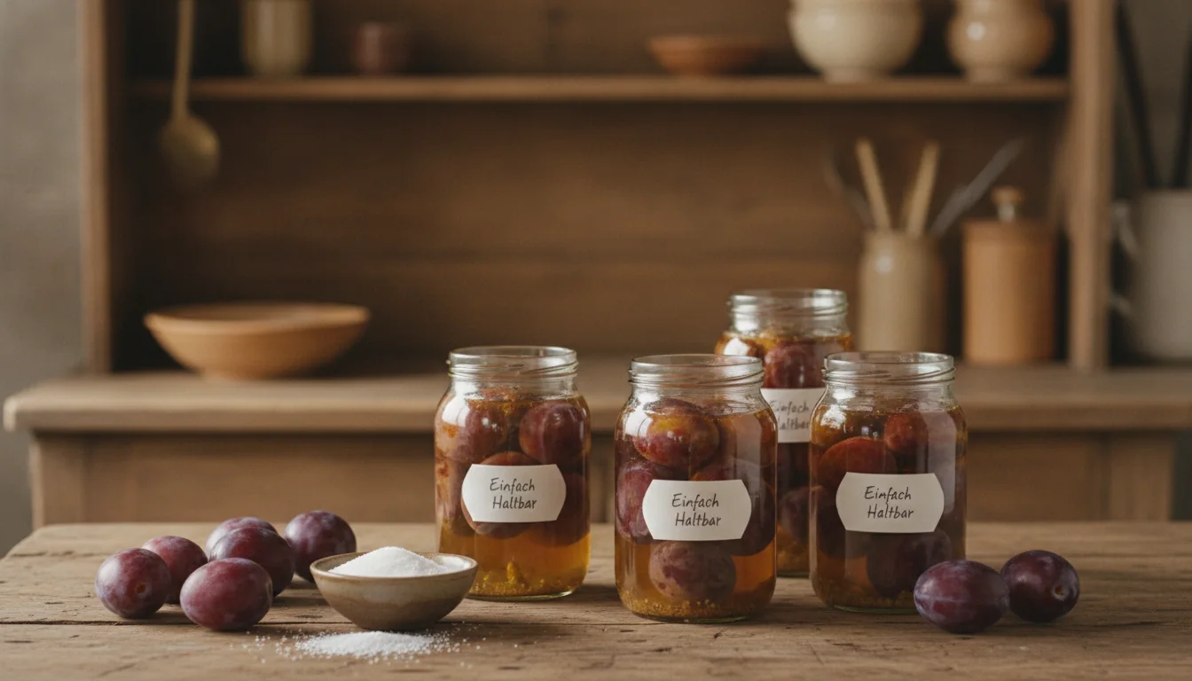 Hot syrup being prepared for canned plums in Mason jars