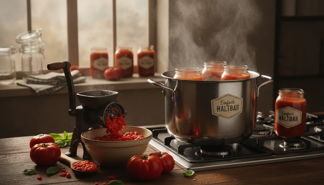 Ripe tomatoes and jars prepared for a U.S. tomato sauce canning batch