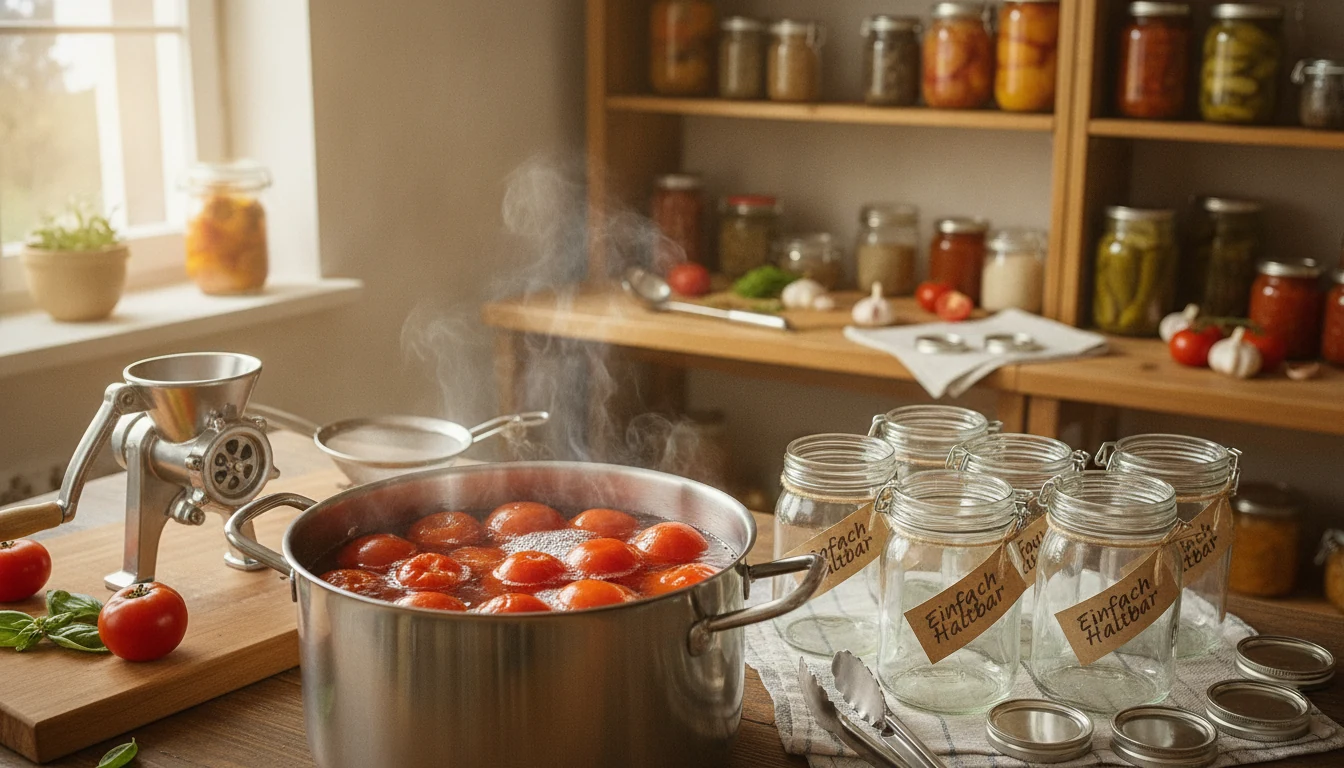 Mason jars of tomato sauce processing in a boiling-water canner