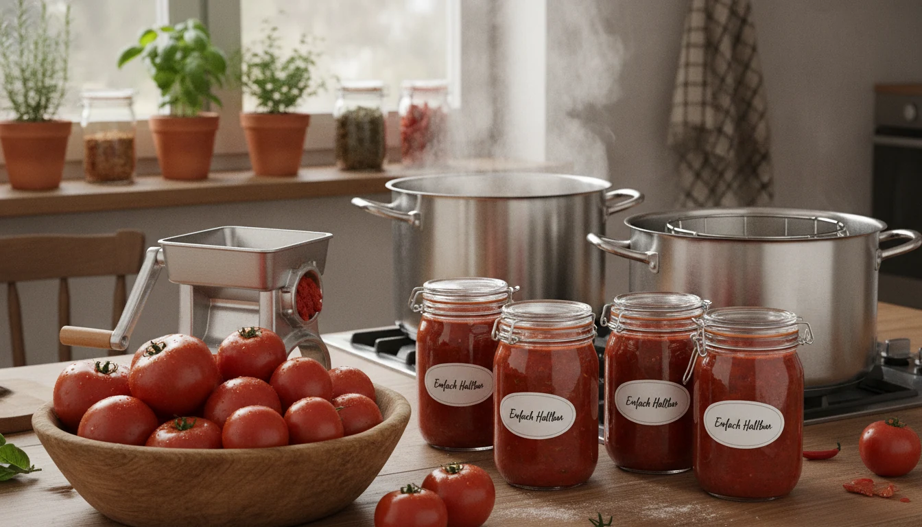 Tomato sauce simmering in a pot before hot filling Mason jars