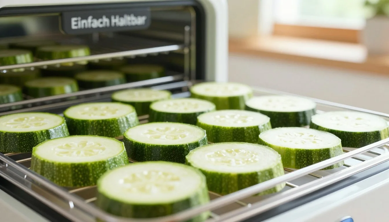 Even zucchini slices arranged in a single layer on food dehydrator trays