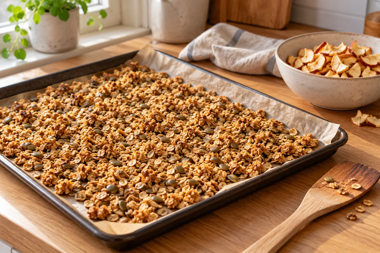 Goldbraunes Granola auf einem Backblech