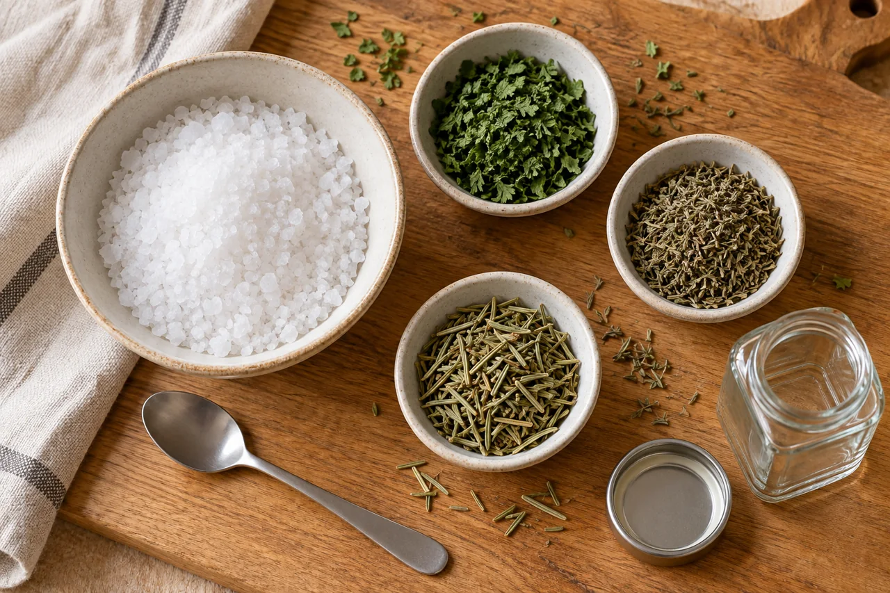 Salz und getrocknete Kräuter in abgewogenen Portionen