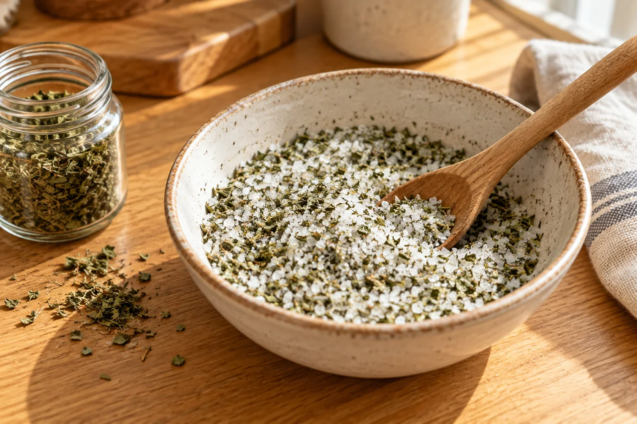Trockenes Kräutersalz mit einem Löffel mischen