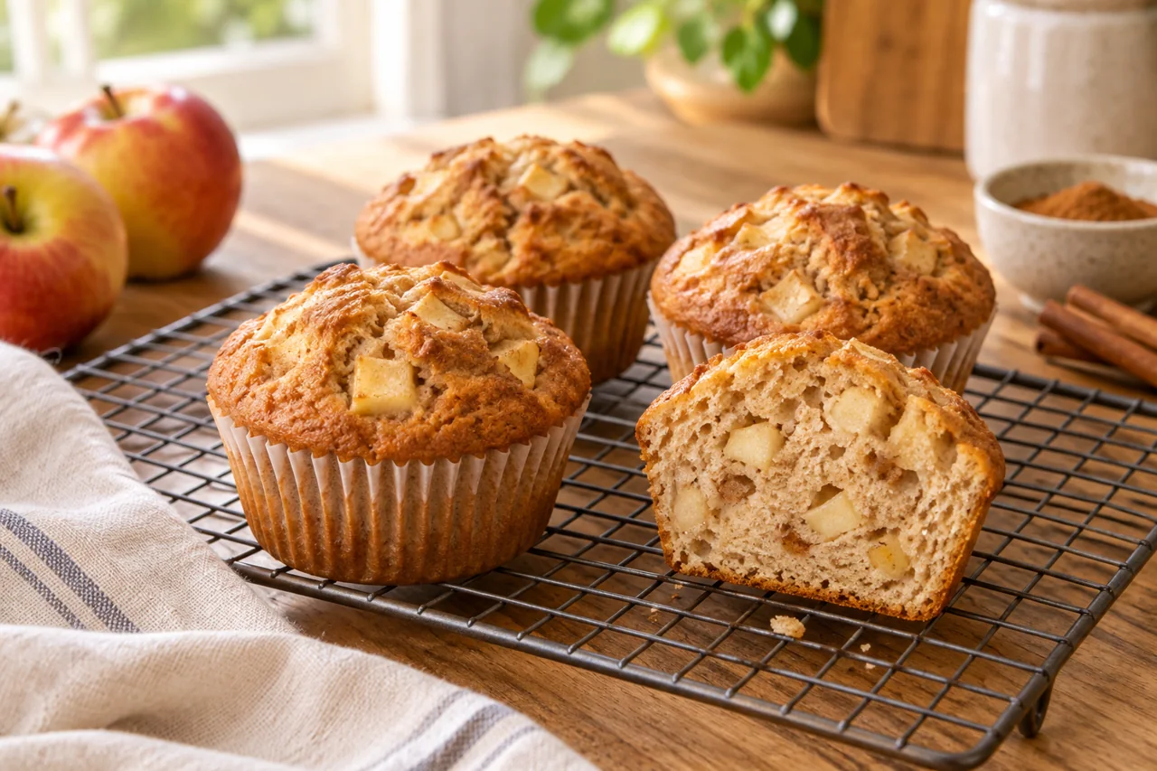 Fertige Apfel-Zimt-Muffins mit aufgeschnittenem Muffin