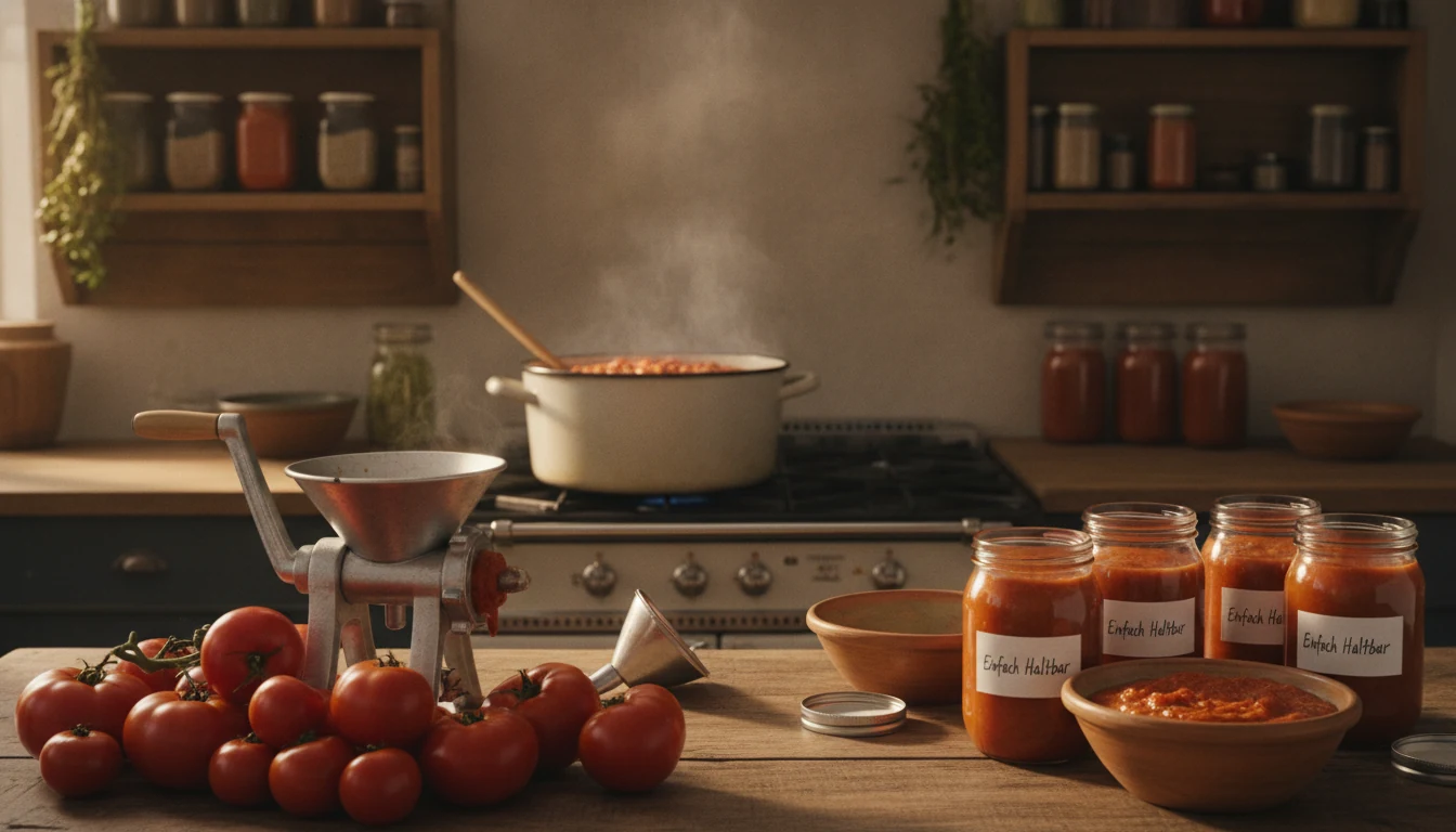 Tomatensoße, vorbereitete Gläser und Einfülltrichter vor dem Einkochen