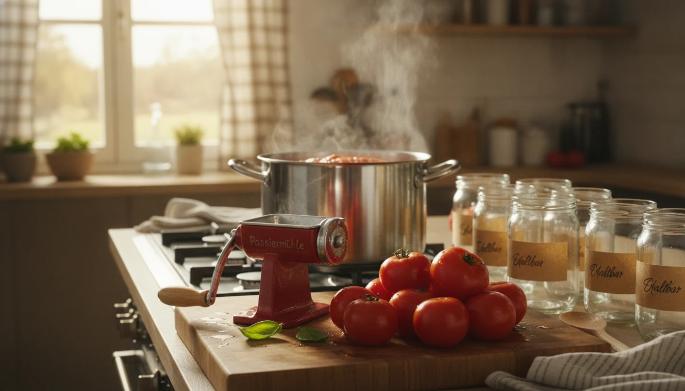 Tomaten mit Passiermühle und vorbereiteten Einmachgläsern
